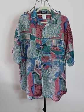 Vintage 90s Impact Abstract Silk Button Down- Mens Large- Retro Geo Print